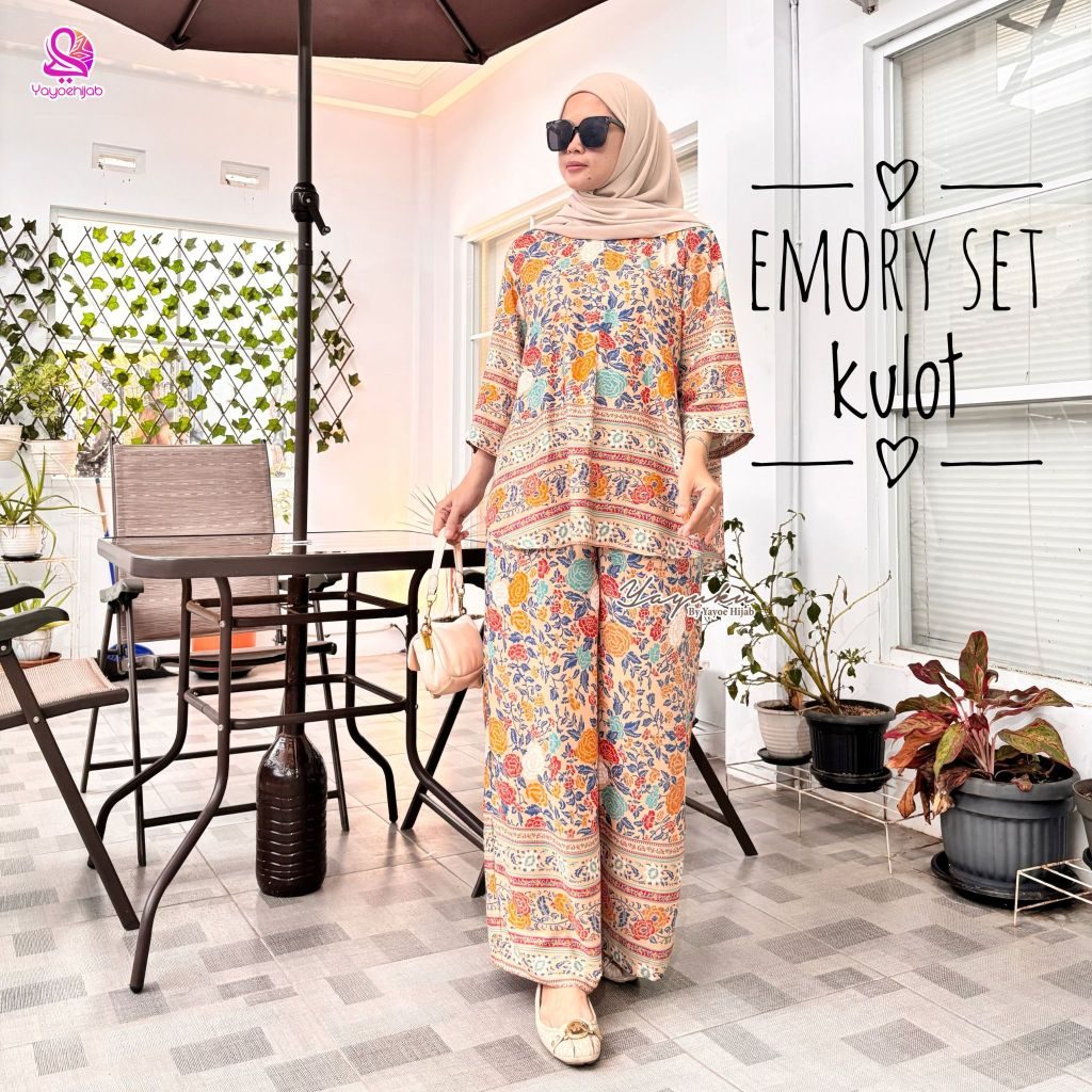 Emory Setelan Celana Kulot Jumbo Rayon Motif Baju Dewasa Wanita OneSet Adem Busui Friendly